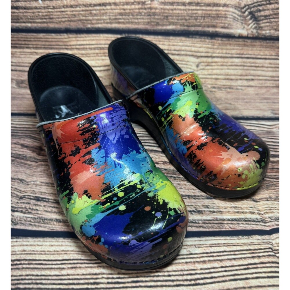 DANSKO PAINT SPLATTER PATENT LEATHER PROFESSIONAL STAPLED CLOGS SHOES 11